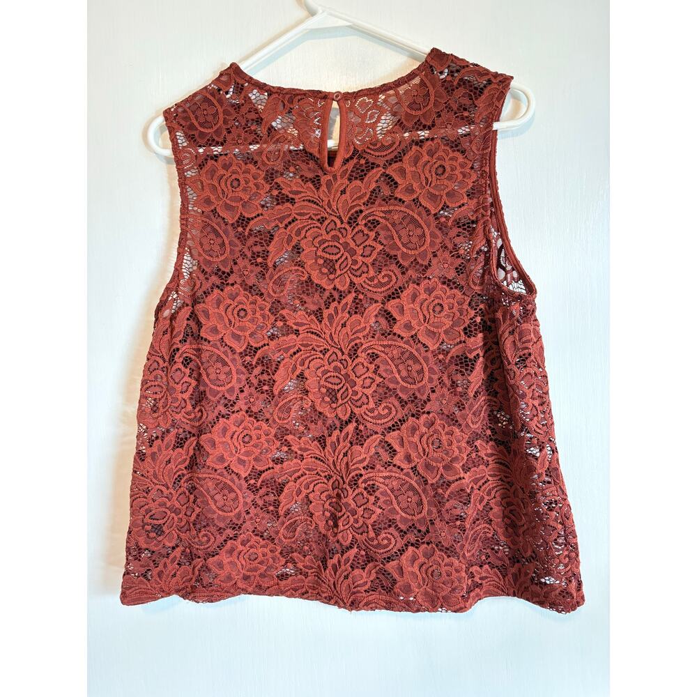 Whowhatwear Brown Lace Sleeveless Top Ruffle Sheer Large Romantic Coquette - Picture 3 of 7